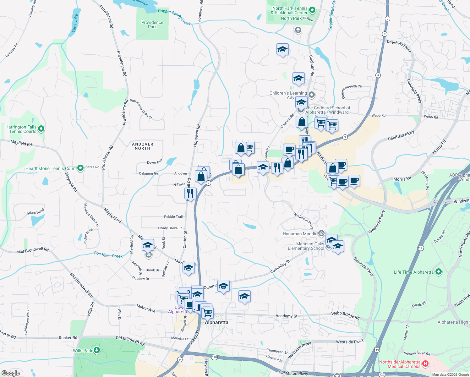 map of restaurants, bars, coffee shops, grocery stores, and more near 900 Winthrope Chase Court in Alpharetta