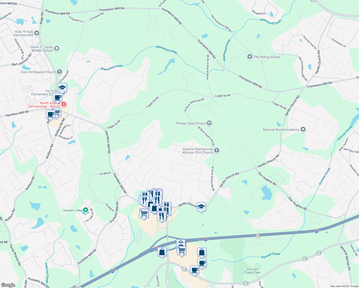 map of restaurants, bars, coffee shops, grocery stores, and more near 2701 River Cane Way in Buford