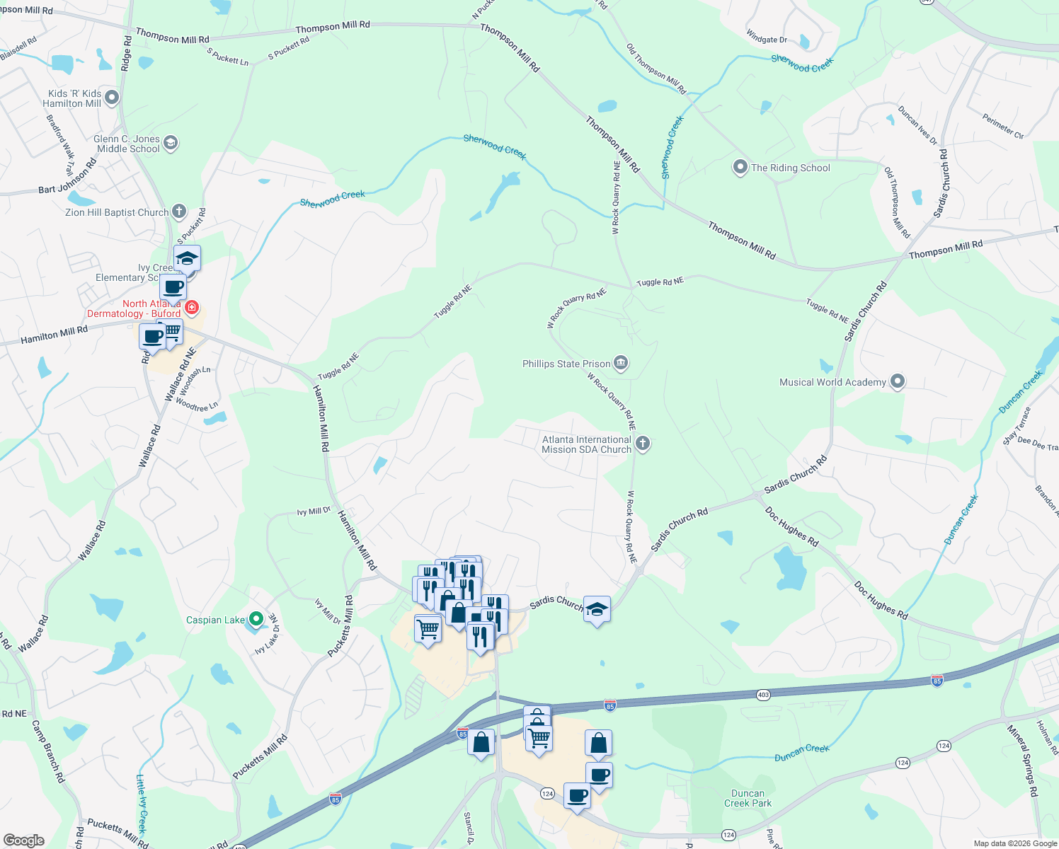 map of restaurants, bars, coffee shops, grocery stores, and more near 2701 River Cane Way in Buford