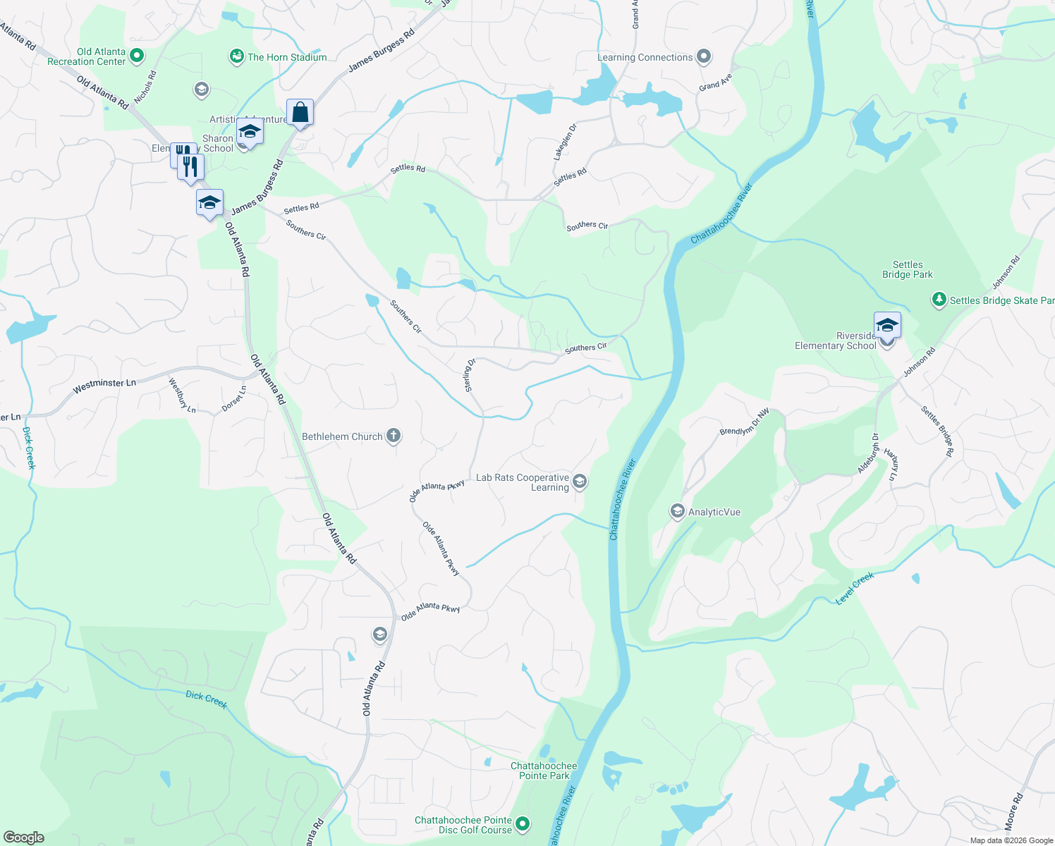 map of restaurants, bars, coffee shops, grocery stores, and more near 6575 Olde Atlanta Parkway in Suwanee