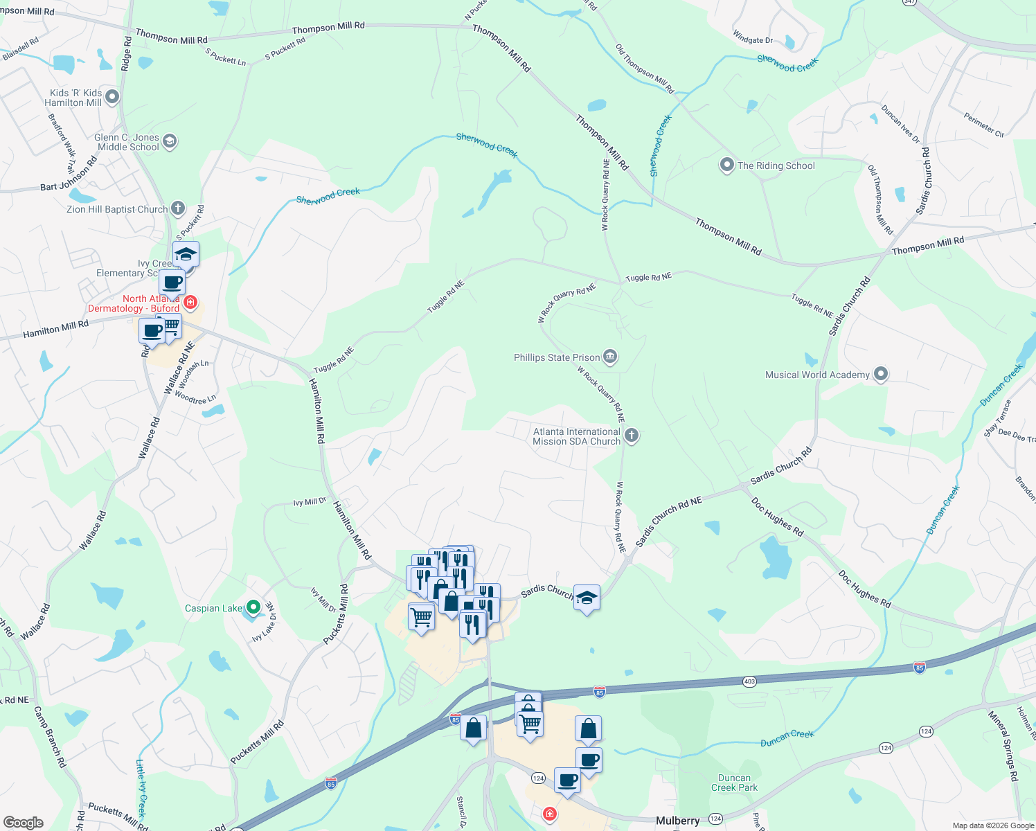 map of restaurants, bars, coffee shops, grocery stores, and more near 2701 River Cane Way in Buford