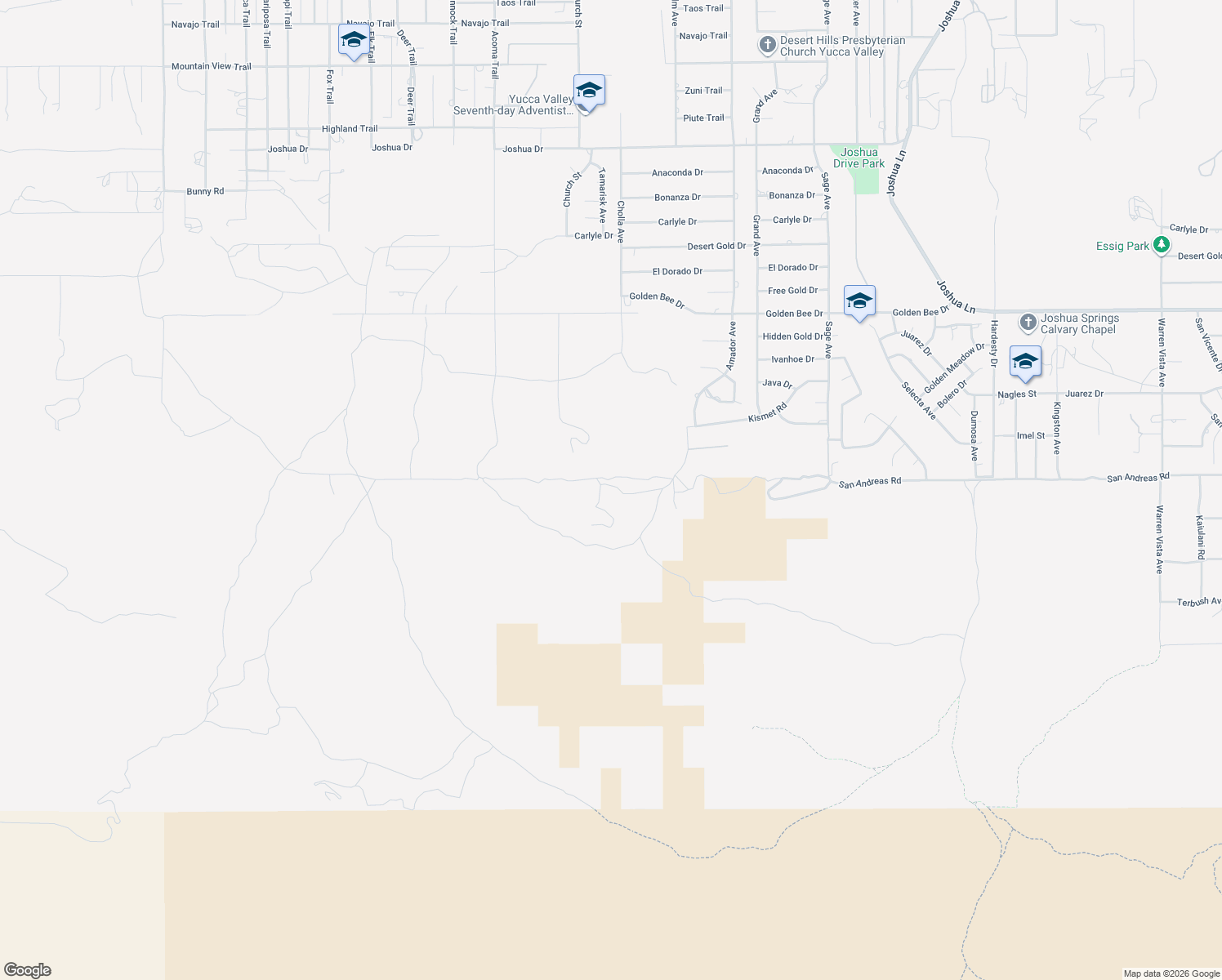 map of restaurants, bars, coffee shops, grocery stores, and more near San Andreas Road in Yucca Valley
