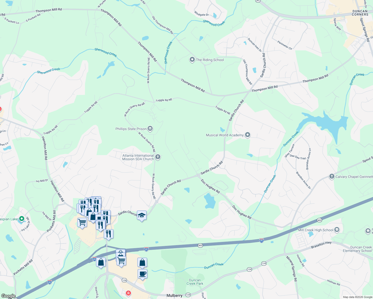 map of restaurants, bars, coffee shops, grocery stores, and more near 2768 Suttonwood Way Northeast in Buford