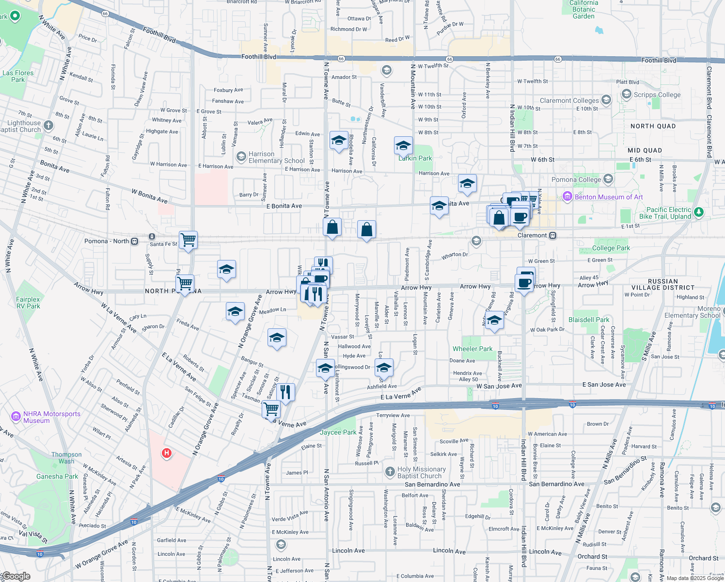 map of restaurants, bars, coffee shops, grocery stores, and more near 874 E Arrow Hwy in Pomona