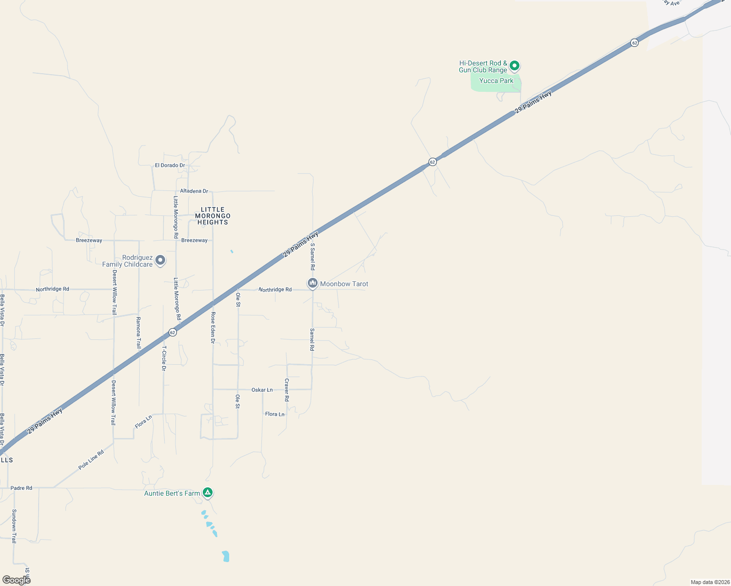 map of restaurants, bars, coffee shops, grocery stores, and more near O Northridge Road in Morongo Valley