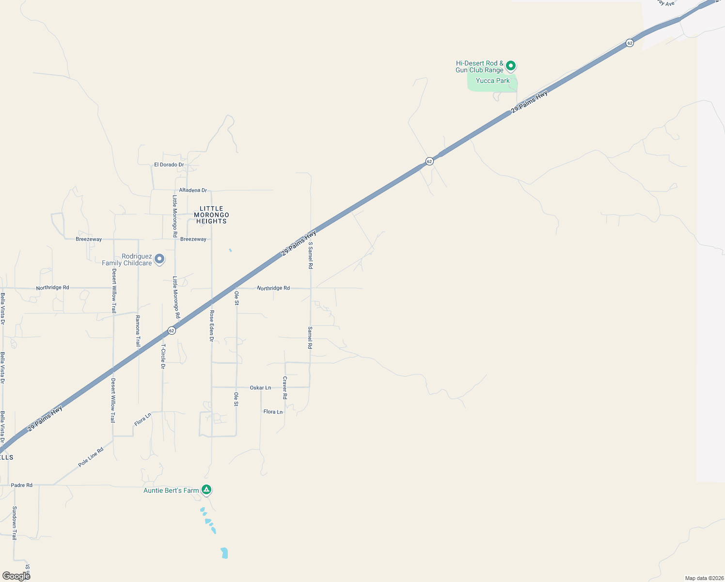 map of restaurants, bars, coffee shops, grocery stores, and more near 53145 Northridge Road in Morongo Valley