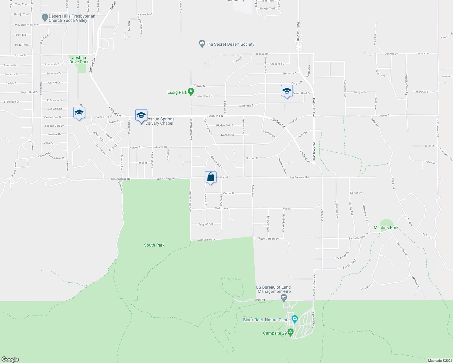 map of restaurants, bars, coffee shops, grocery stores, and more near 57933 San Andreas Road in Yucca Valley
