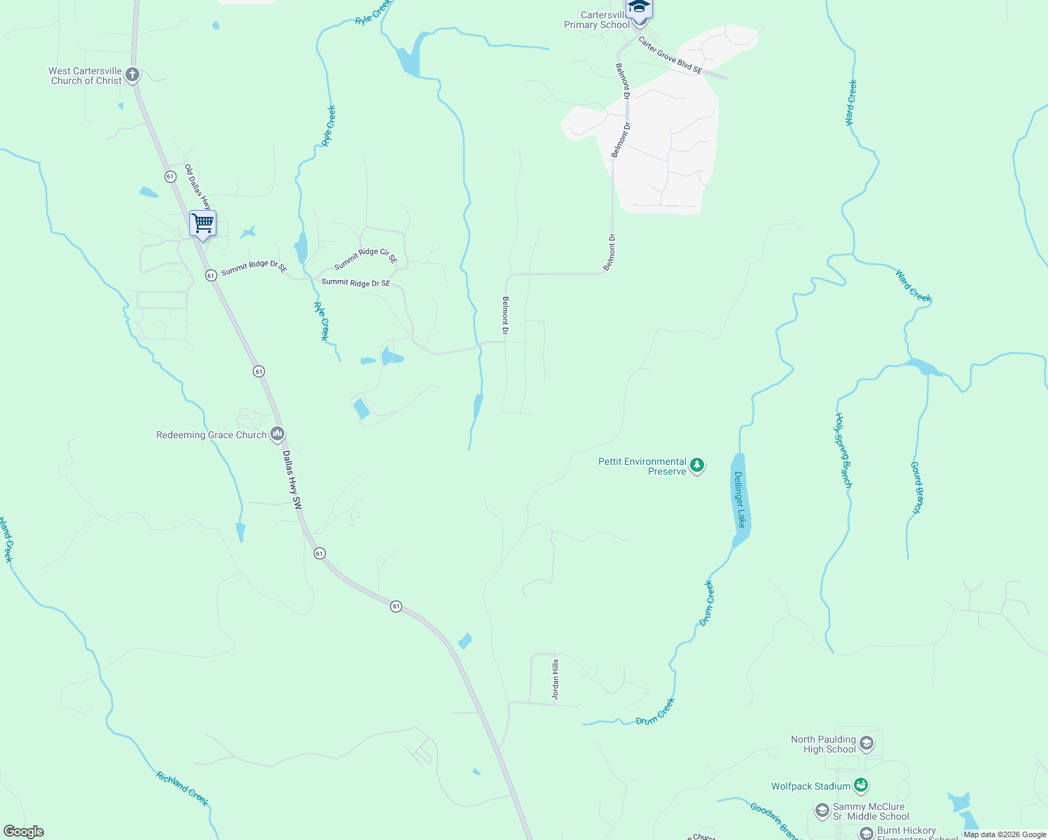 map of restaurants, bars, coffee shops, grocery stores, and more near Belmont Drive in Cartersville