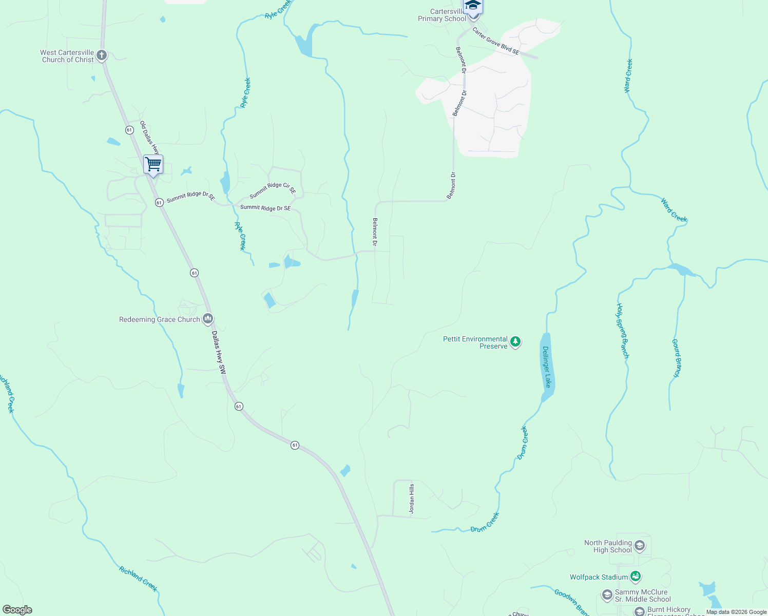 map of restaurants, bars, coffee shops, grocery stores, and more near Belmont Drive in Cartersville