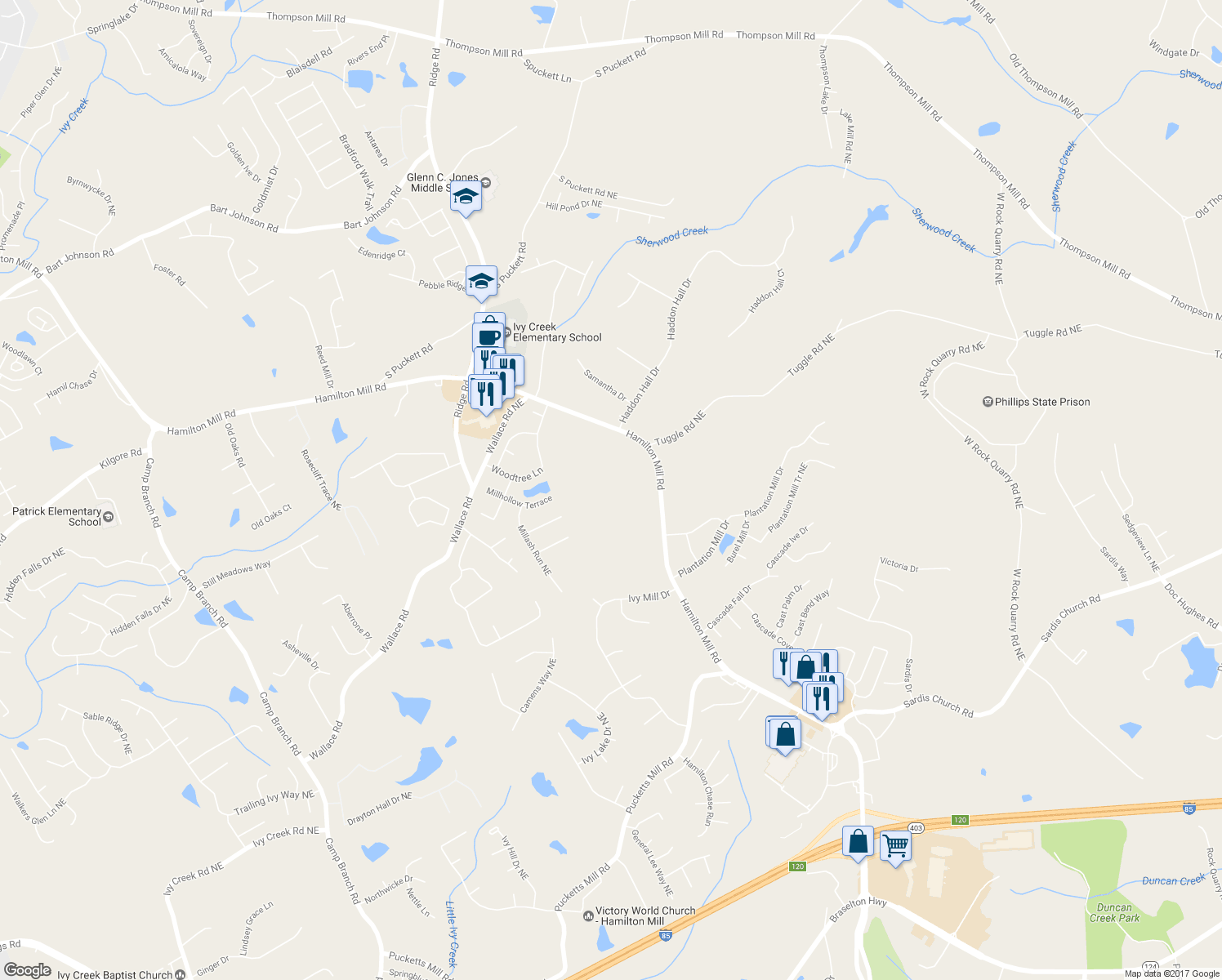 map of restaurants, bars, coffee shops, grocery stores, and more near 3104 Hamilton Mill Road in Buford