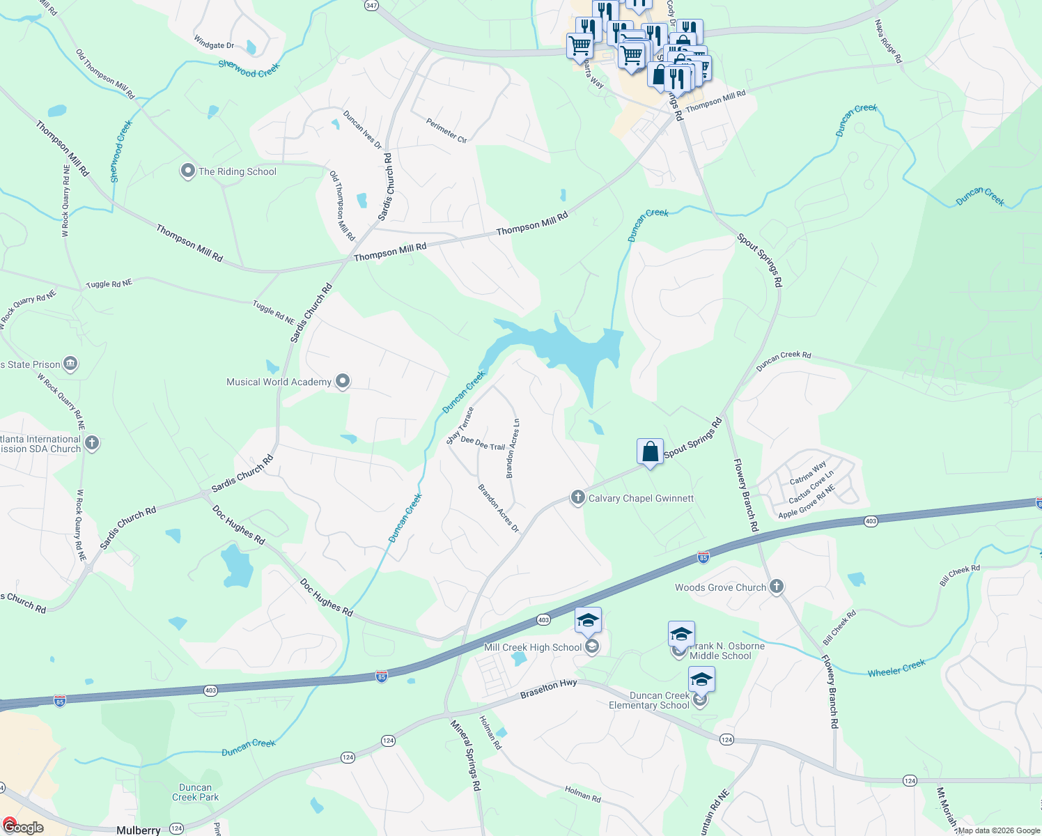 map of restaurants, bars, coffee shops, grocery stores, and more near 4815 Brandon Acres Lane in Buford