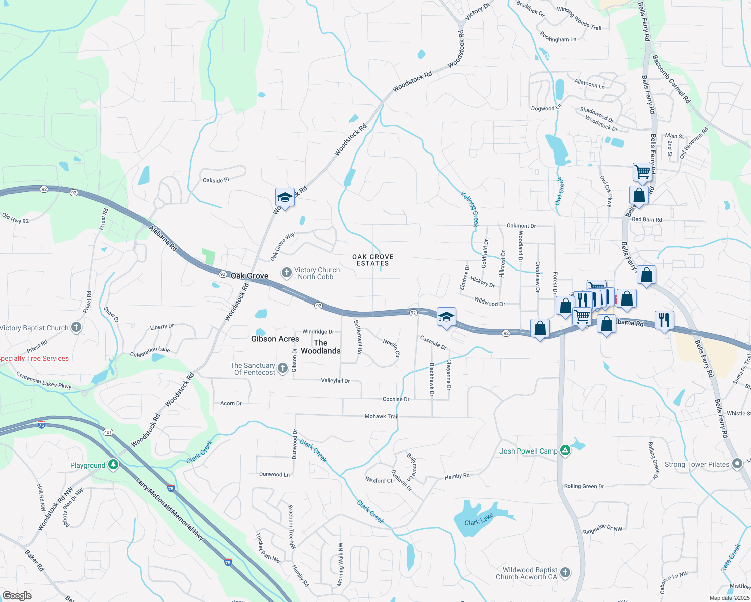 map of restaurants, bars, coffee shops, grocery stores, and more near 5540 Oak Grove Drive in Acworth