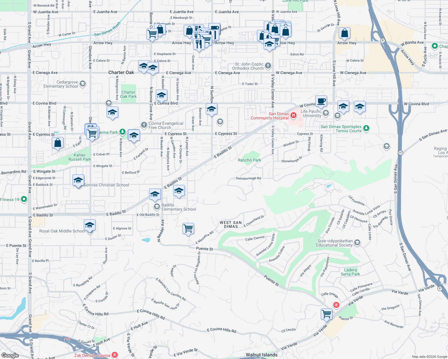 map of restaurants, bars, coffee shops, grocery stores, and more near 1745 Gainsborough Road in San Dimas