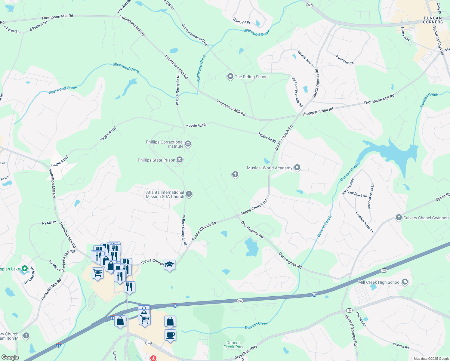 map of restaurants, bars, coffee shops, grocery stores, and more near 2789 Suttonwood Way Northeast in Buford