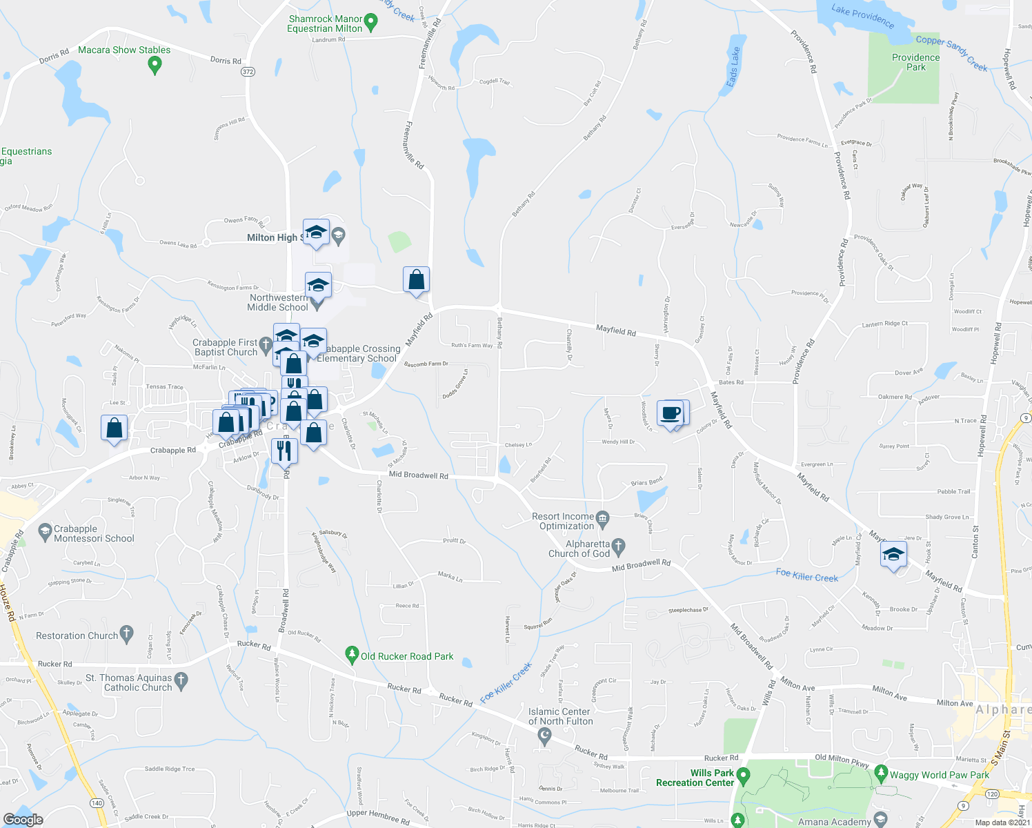 map of restaurants, bars, coffee shops, grocery stores, and more near 1380 Chelsey Lane in Alpharetta