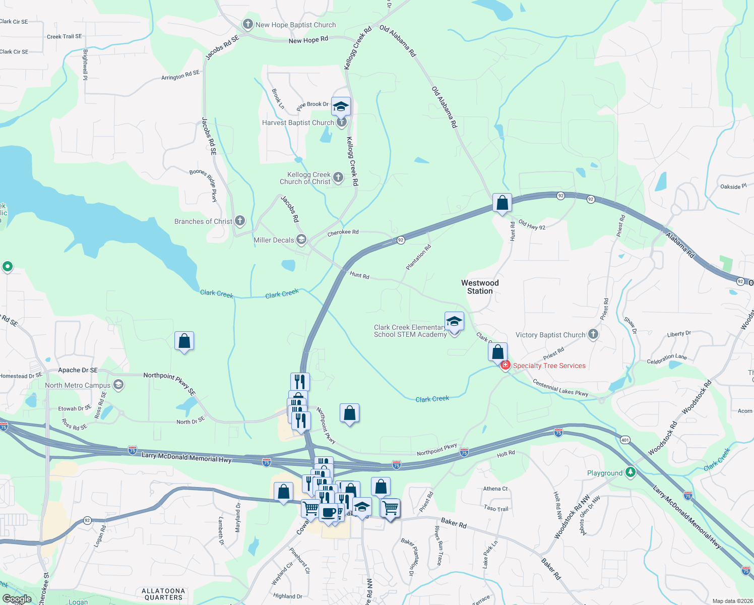 map of restaurants, bars, coffee shops, grocery stores, and more near 3342 Goodell Rd in Acworth