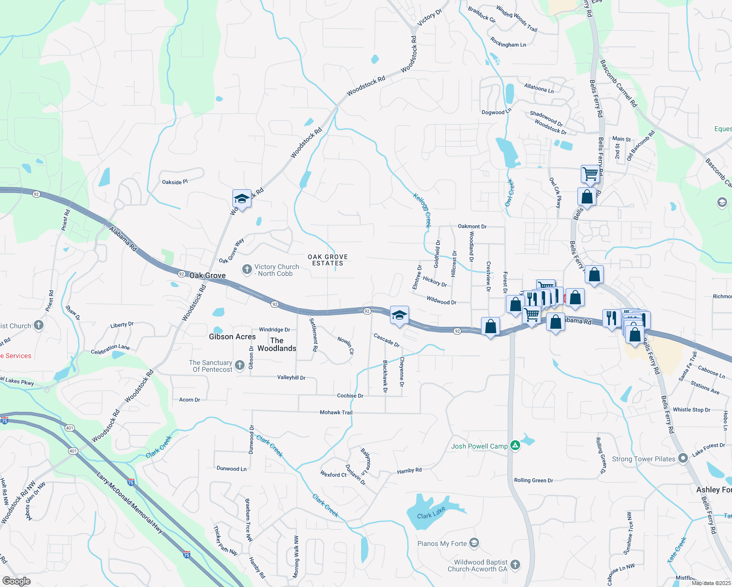 map of restaurants, bars, coffee shops, grocery stores, and more near 171 Bryon Road in Acworth