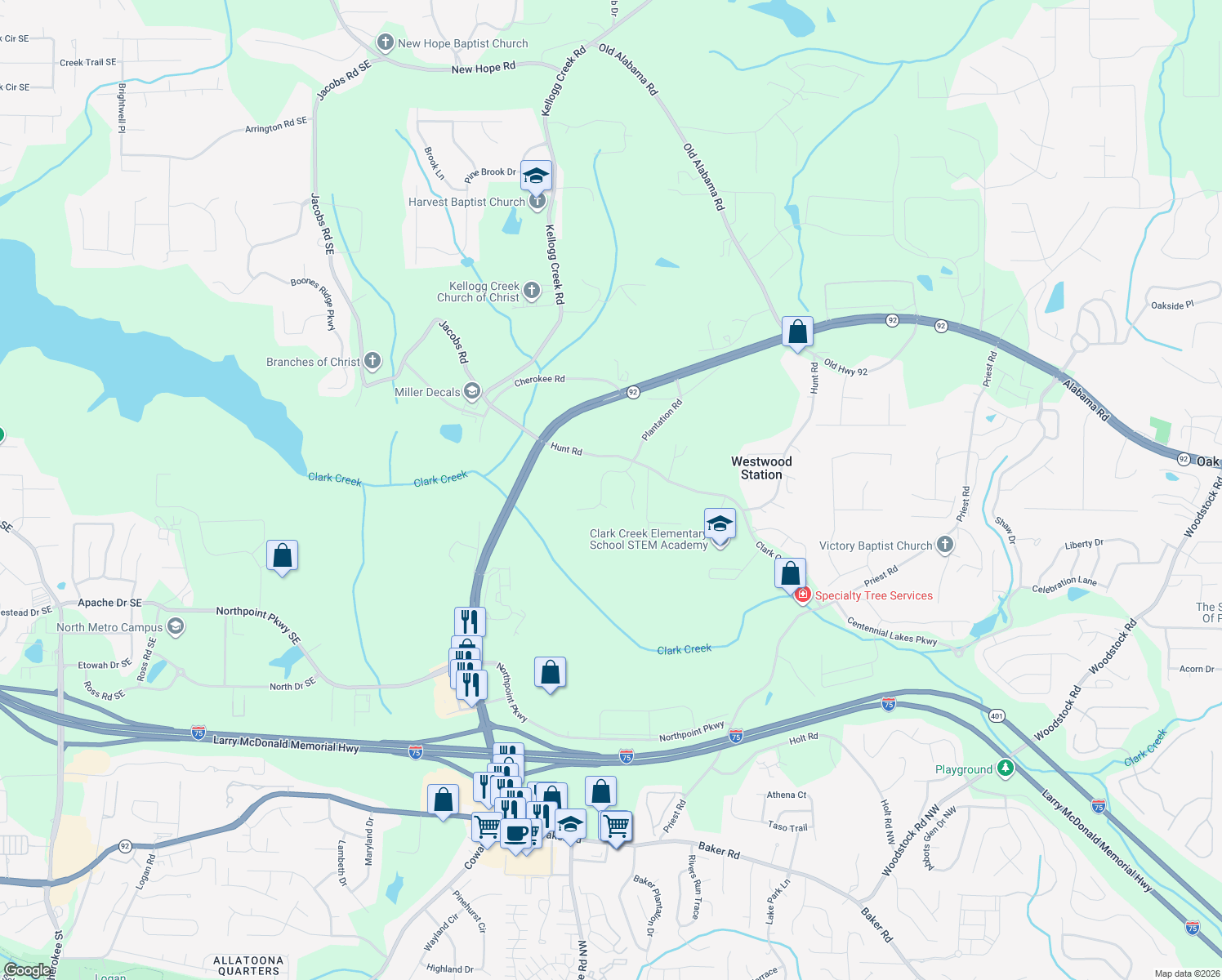 map of restaurants, bars, coffee shops, grocery stores, and more near 3333 Goodell Rd in Acworth