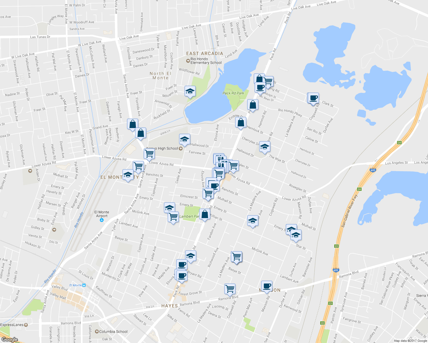 map of restaurants, bars, coffee shops, grocery stores, and more near 11552 Lower Azusa Road in El Monte