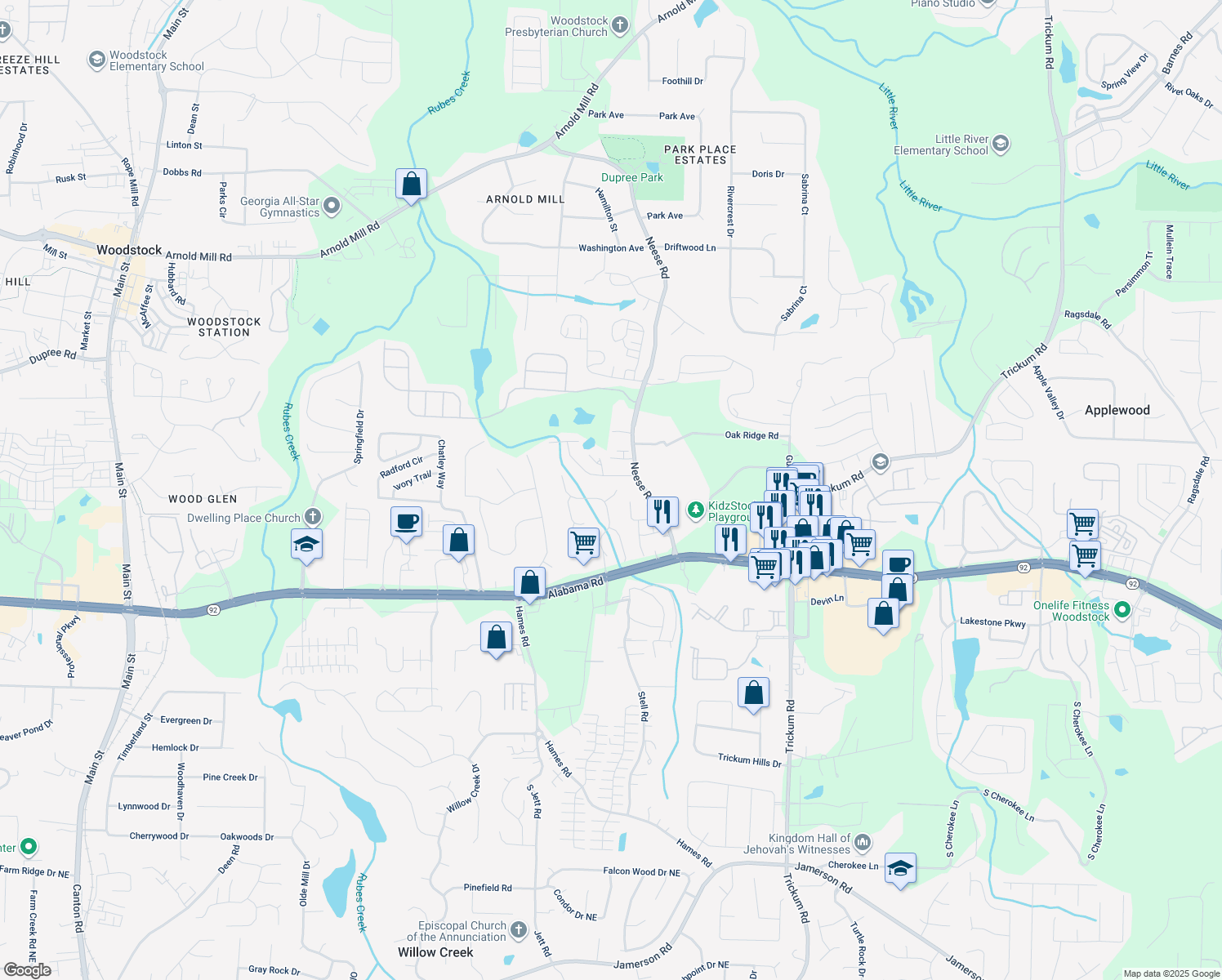 map of restaurants, bars, coffee shops, grocery stores, and more near 503 Bonnie Drive in Woodstock