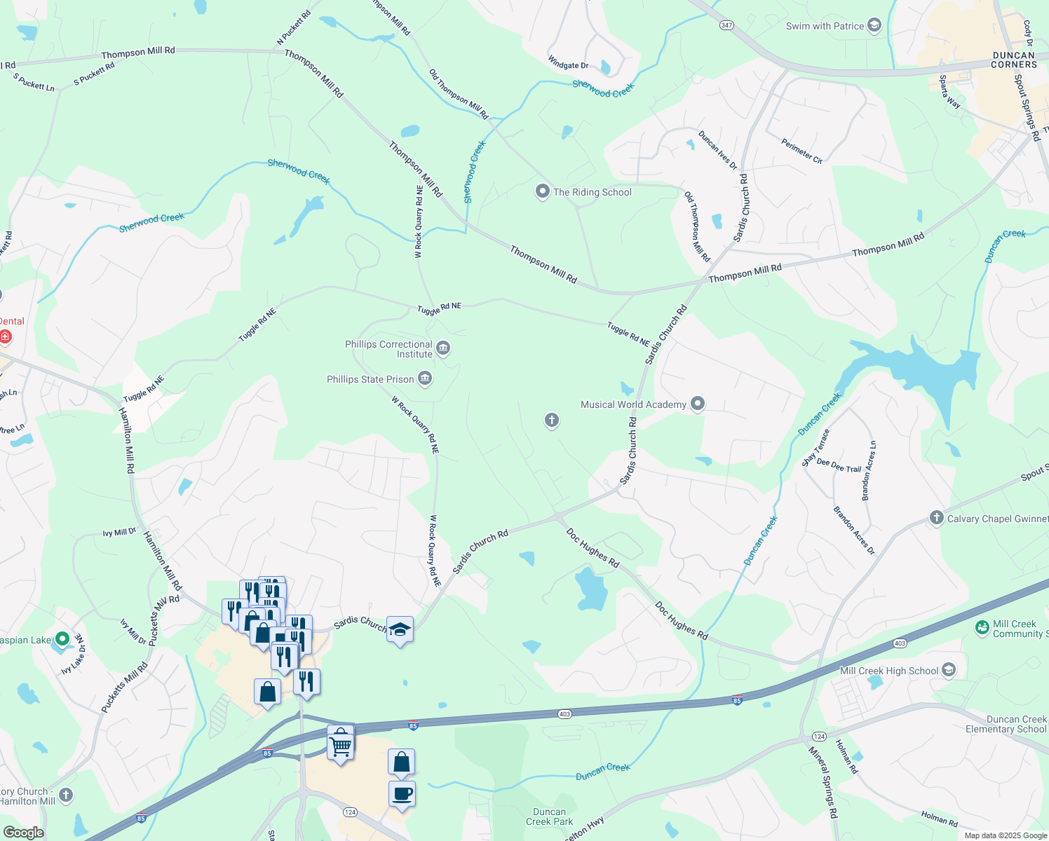 map of restaurants, bars, coffee shops, grocery stores, and more near 2839 Suttonwood Way Northeast in Buford