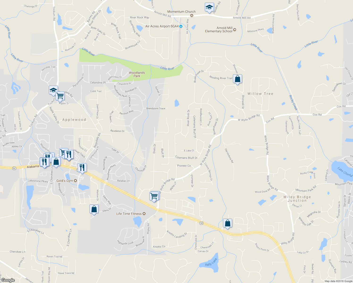 map of restaurants, bars, coffee shops, grocery stores, and more near 801 Bluff Place in Woodstock