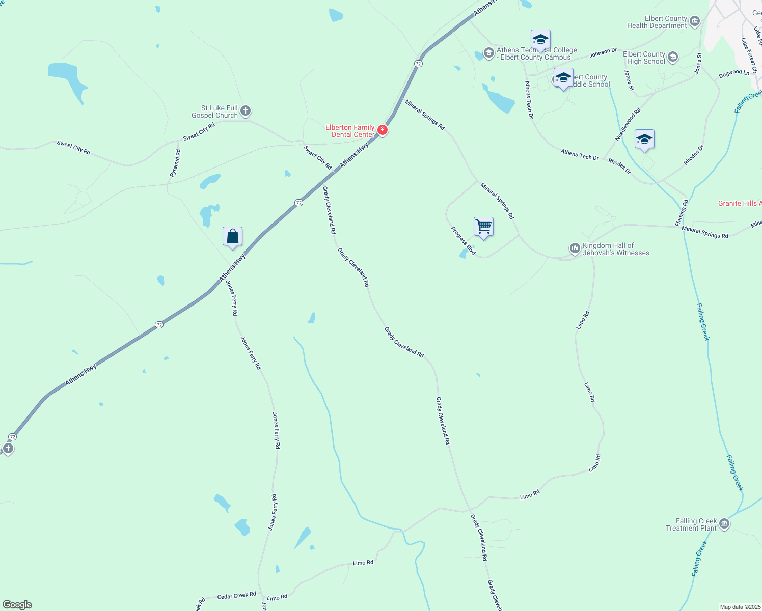 map of restaurants, bars, coffee shops, grocery stores, and more near 1138 Grady Cleveland Road in Elberton