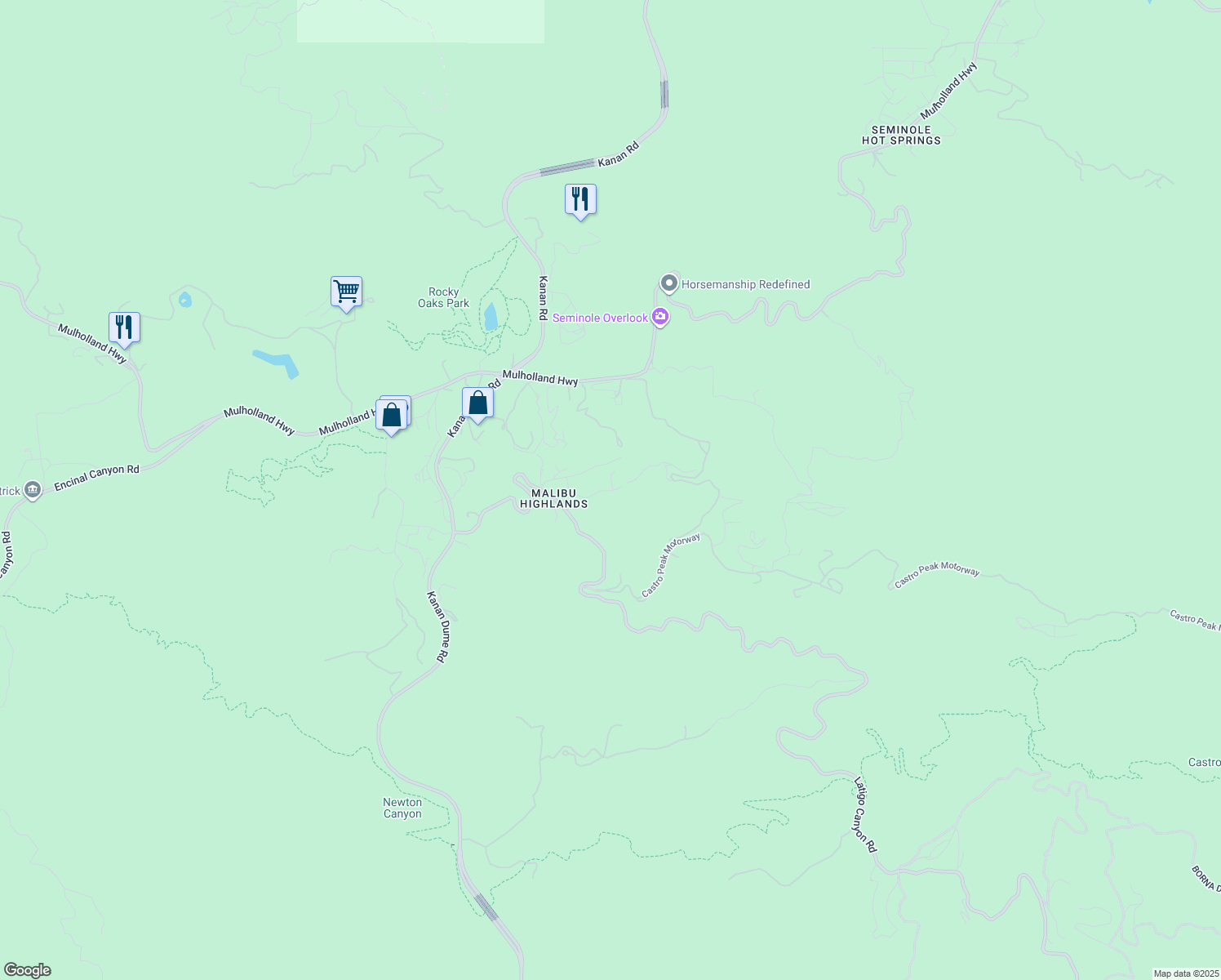 map of restaurants, bars, coffee shops, grocery stores, and more near Birdella Road in Malibu