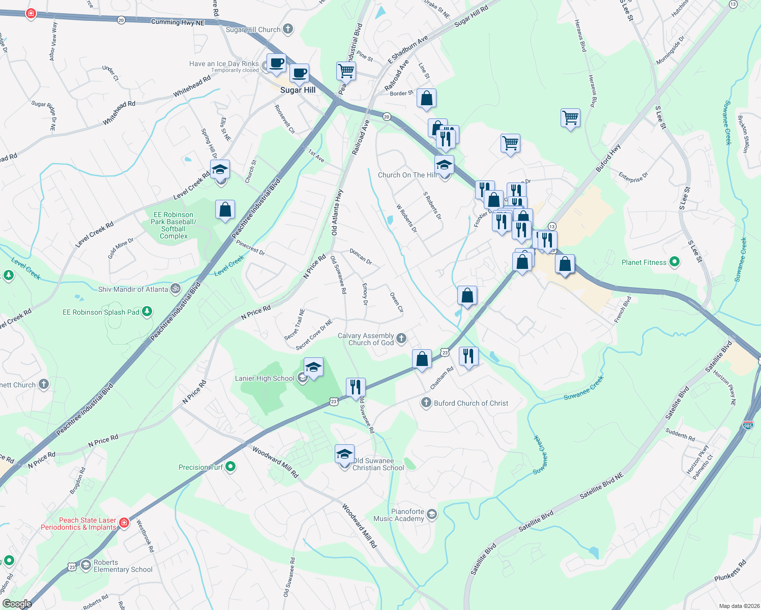 map of restaurants, bars, coffee shops, grocery stores, and more near 1153 Kyle Circle Northeast in Sugar Hill