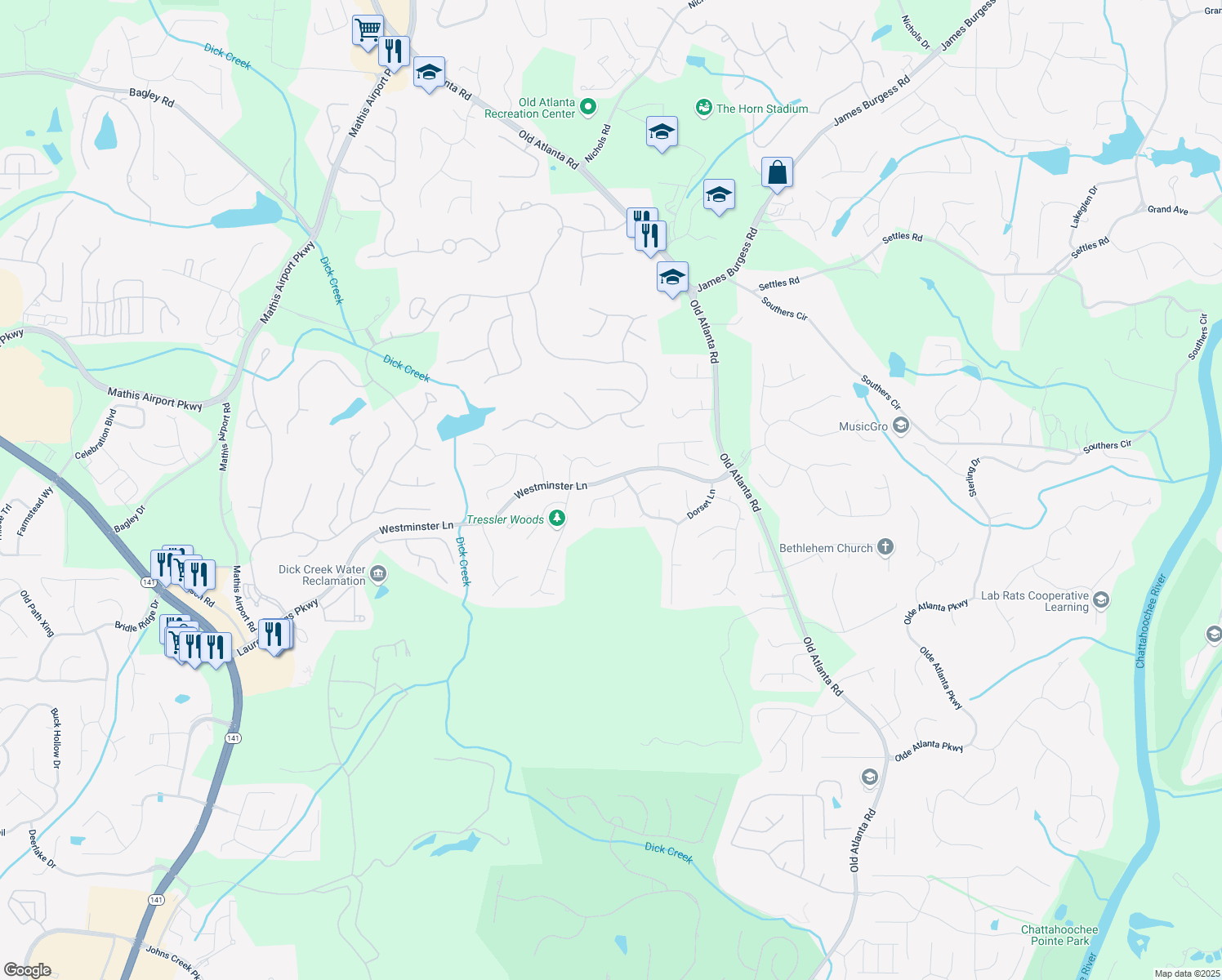 map of restaurants, bars, coffee shops, grocery stores, and more near 4730 Yorkshire Lane in Suwanee