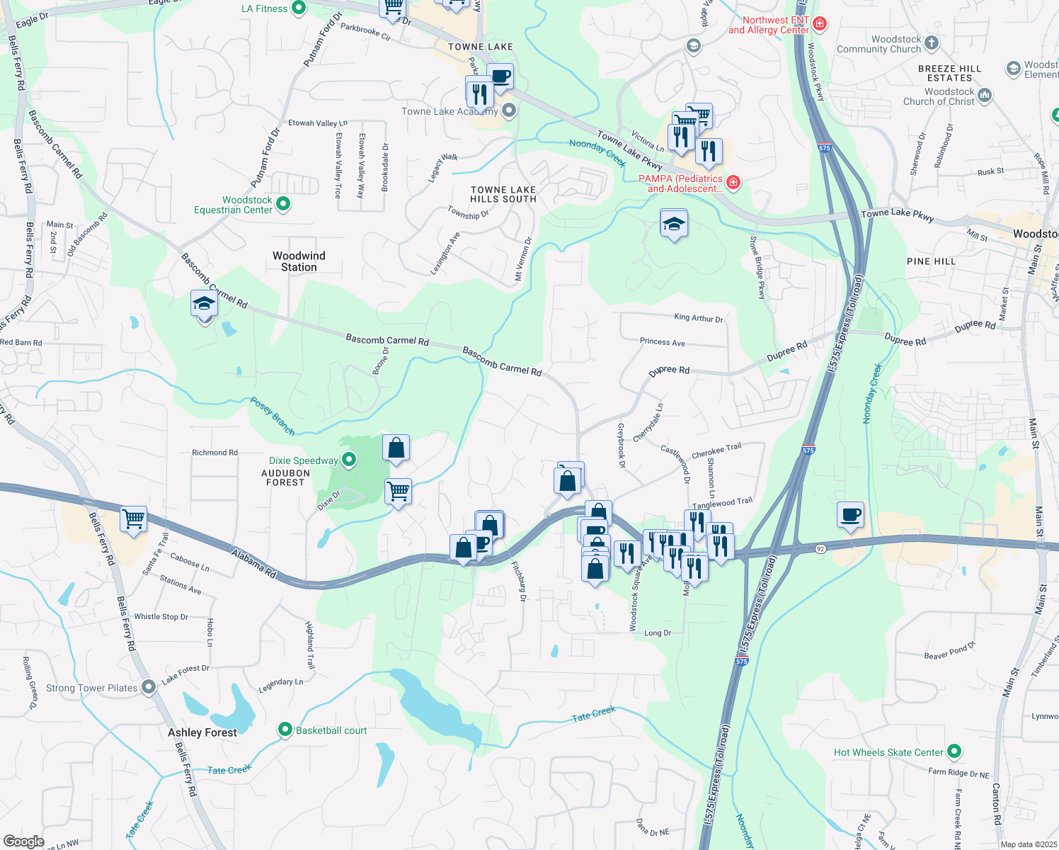 map of restaurants, bars, coffee shops, grocery stores, and more near 202 Bascomb Lane in Woodstock