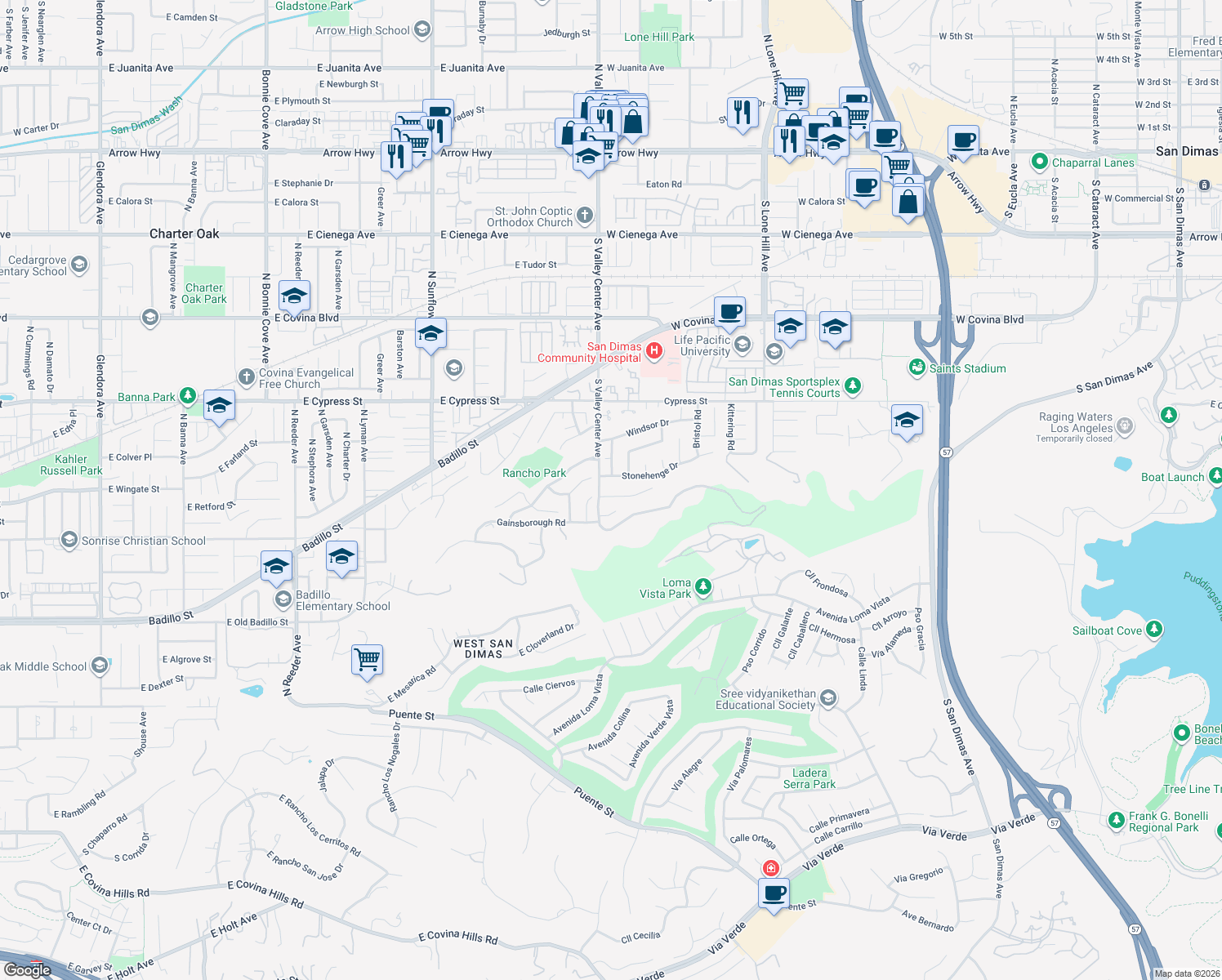 map of restaurants, bars, coffee shops, grocery stores, and more near 1481 Martingale Court in San Dimas