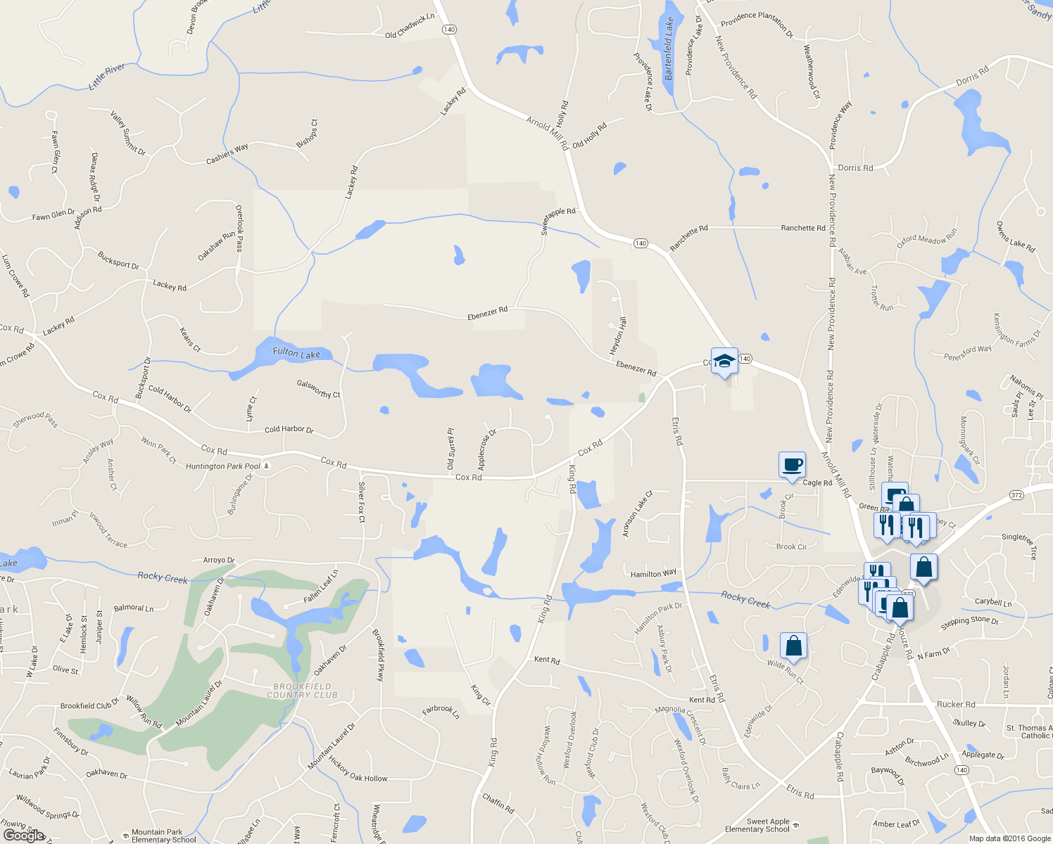 map of restaurants, bars, coffee shops, grocery stores, and more near 1045 Applecross Drive in Roswell