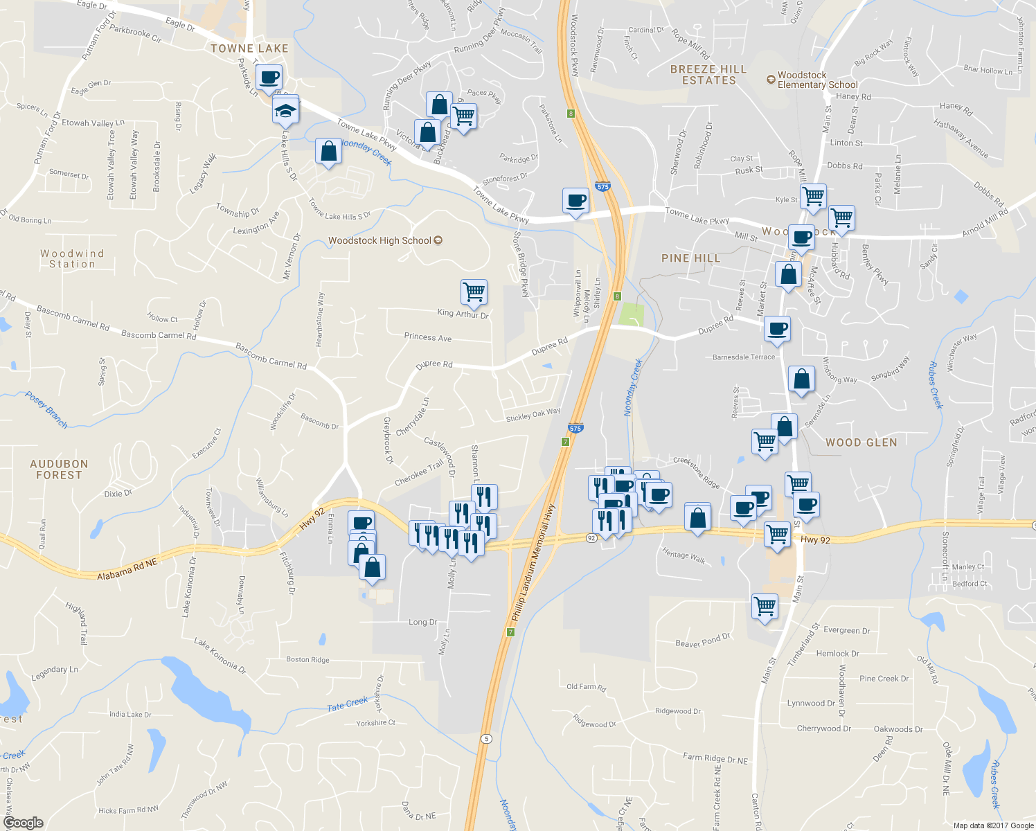 map of restaurants, bars, coffee shops, grocery stores, and more near 690 Stickley Oak Way in Woodstock