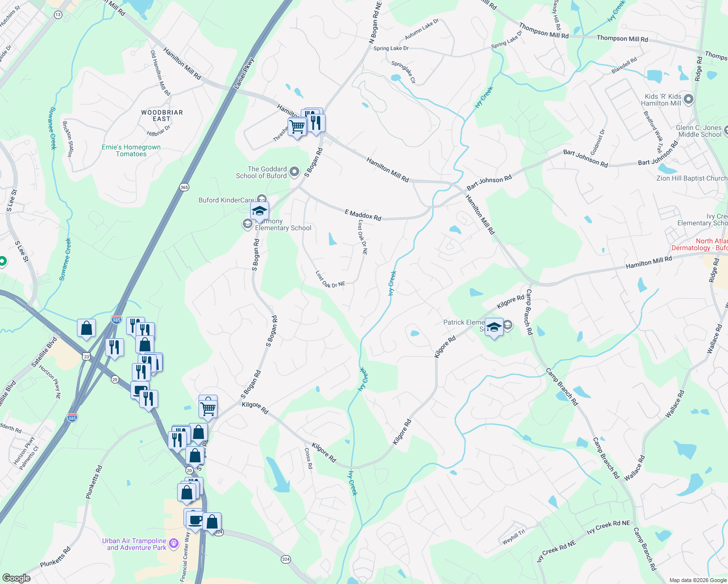 map of restaurants, bars, coffee shops, grocery stores, and more near 2727 Bogan Creek Drive in Buford