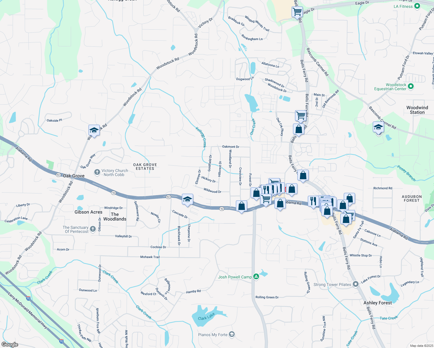 map of restaurants, bars, coffee shops, grocery stores, and more near 5669 Hillcrest Drive in Acworth