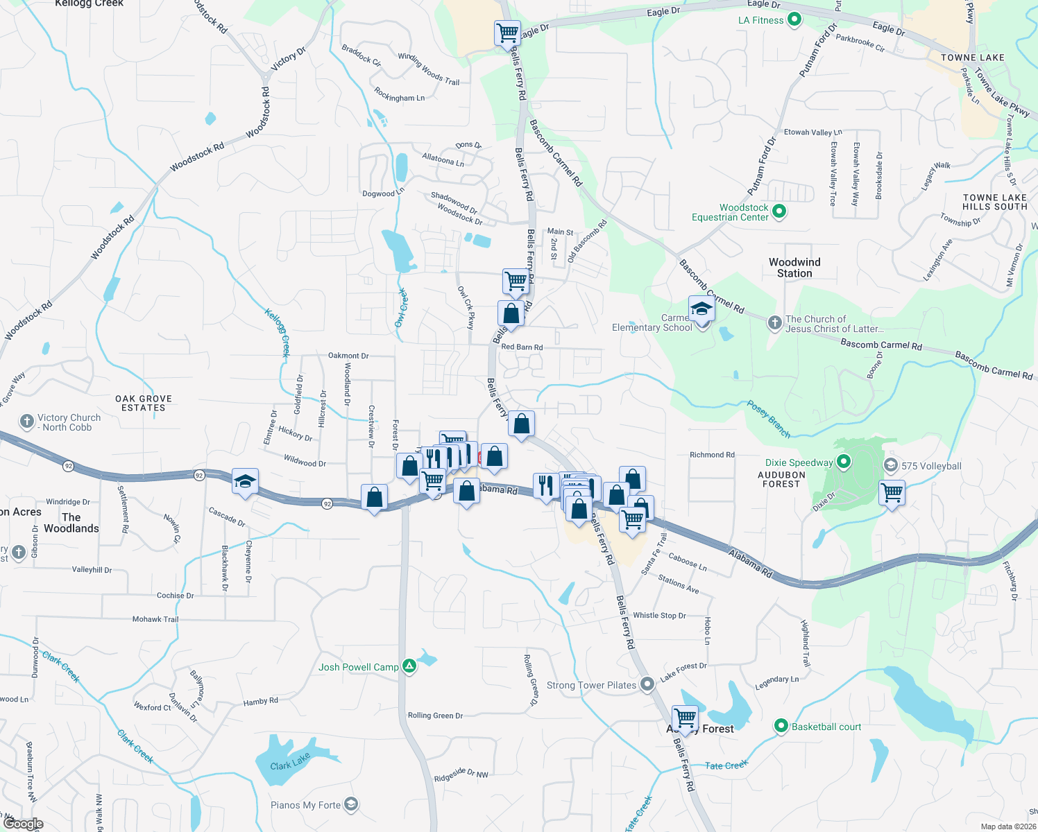 map of restaurants, bars, coffee shops, grocery stores, and more near 511 Camellia Ct in Acworth