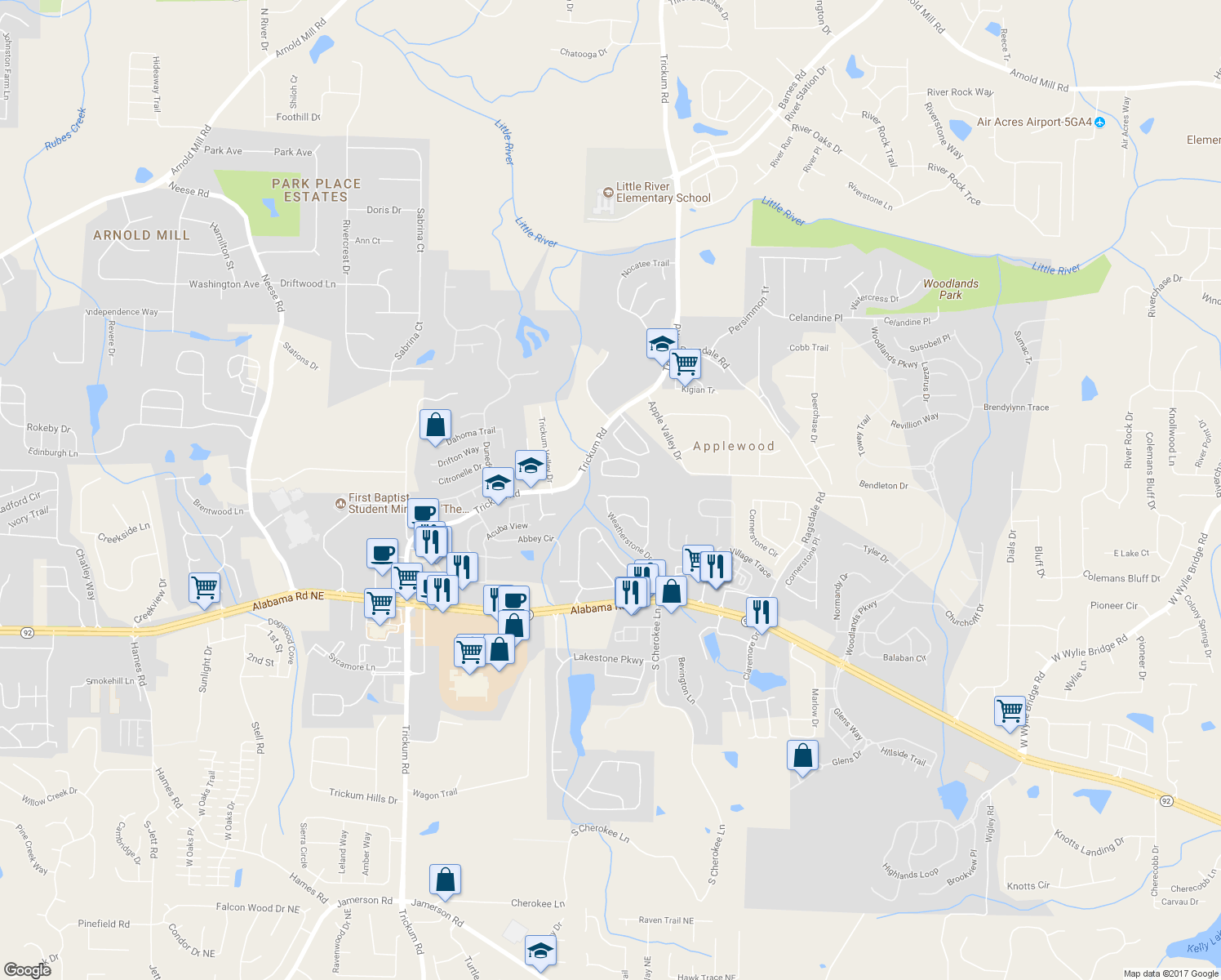 map of restaurants, bars, coffee shops, grocery stores, and more near 155 Weatherstone Drive in Woodstock