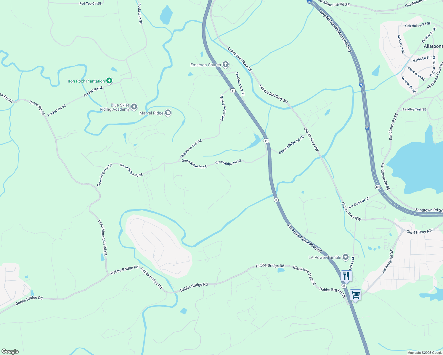 map of restaurants, bars, coffee shops, grocery stores, and more near 14 Retreat Ridge Southeast in Cartersville