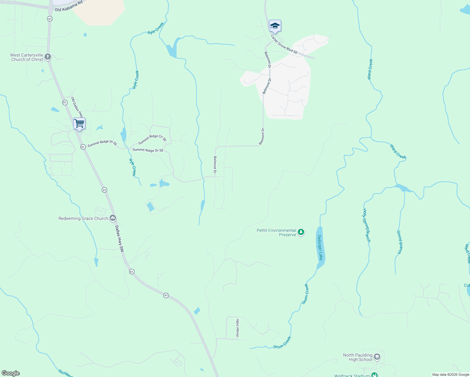map of restaurants, bars, coffee shops, grocery stores, and more near Belmont Drive in Cartersville