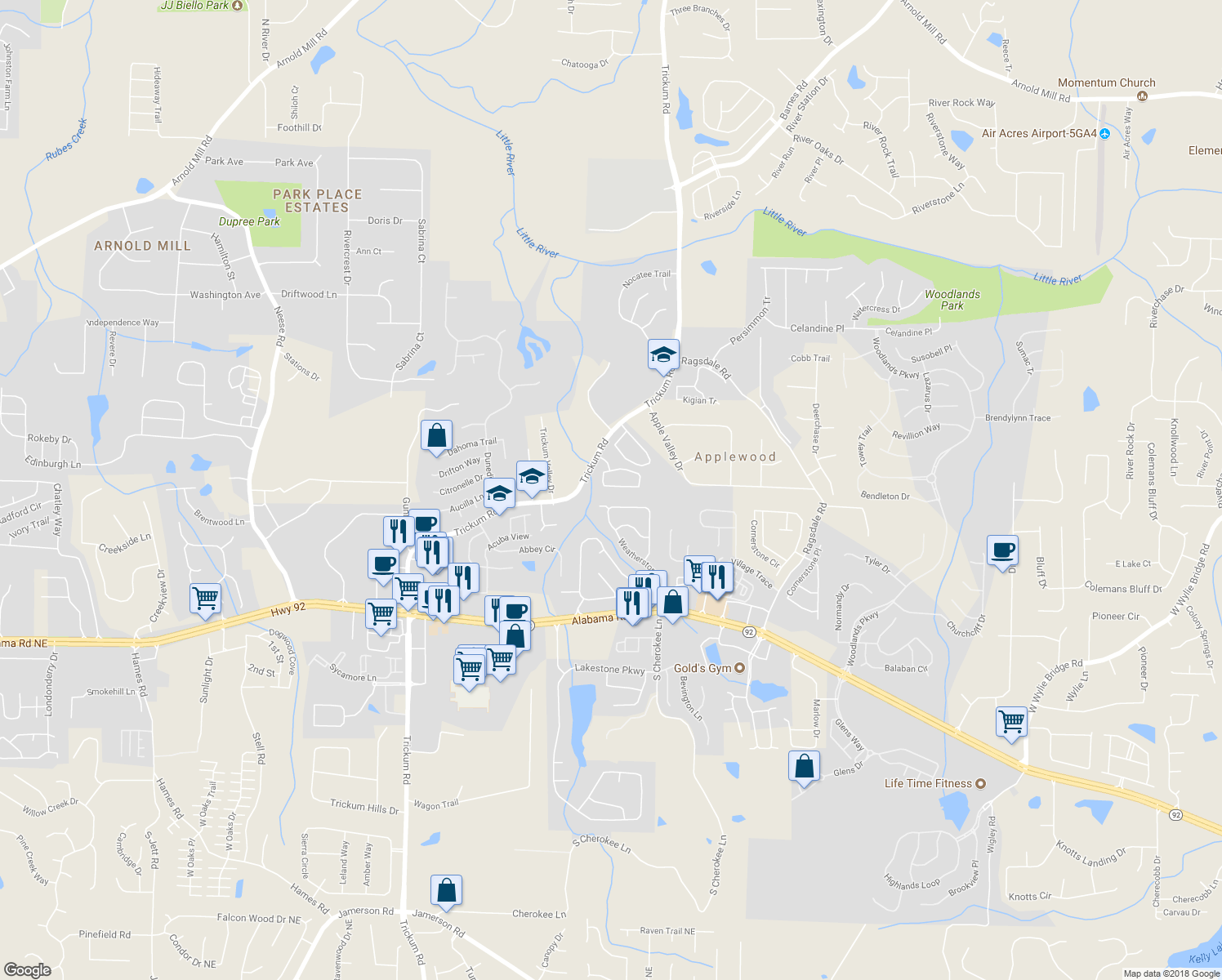 map of restaurants, bars, coffee shops, grocery stores, and more near 136 Regent Place in Woodstock