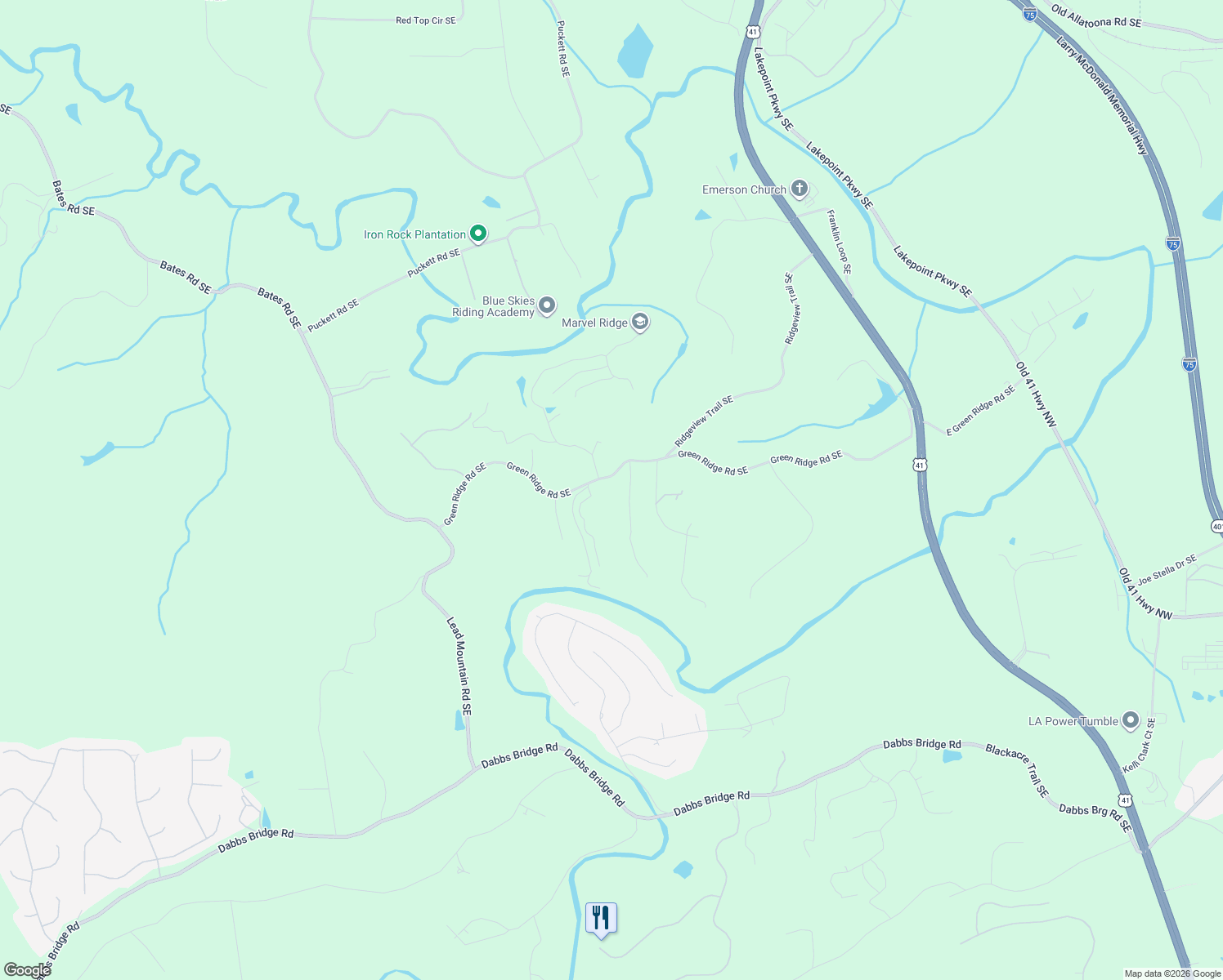 map of restaurants, bars, coffee shops, grocery stores, and more near 431 Green Ridge Road Southeast in Cartersville
