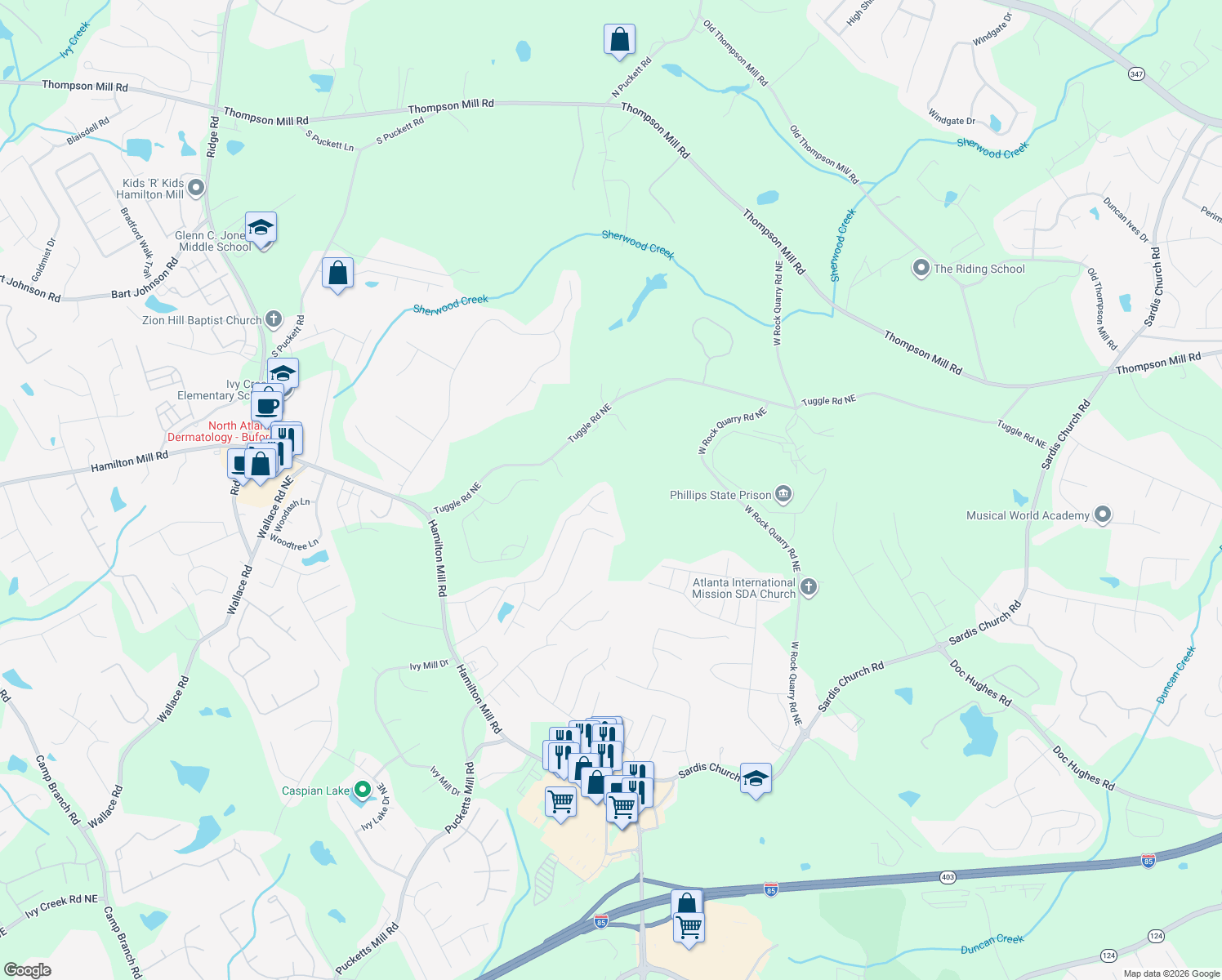 map of restaurants, bars, coffee shops, grocery stores, and more near 4171 Plantation Mill Drive in Buford