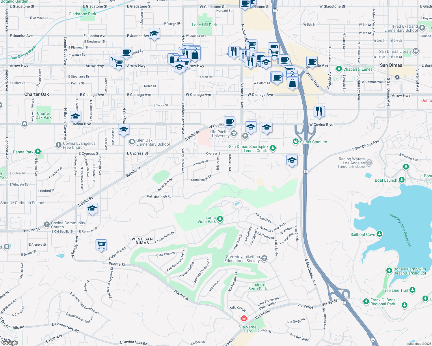 map of restaurants, bars, coffee shops, grocery stores, and more near 943 Bristol Road in San Dimas