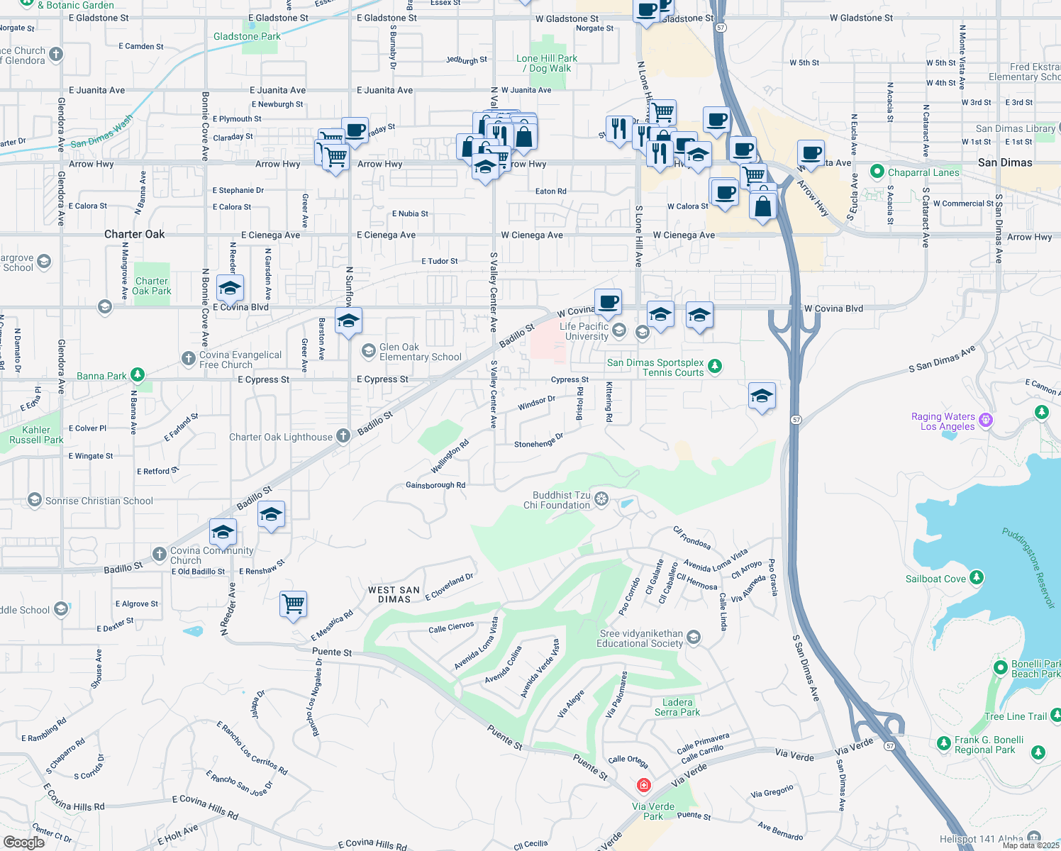 map of restaurants, bars, coffee shops, grocery stores, and more near 1412 Somerset Drive in San Dimas