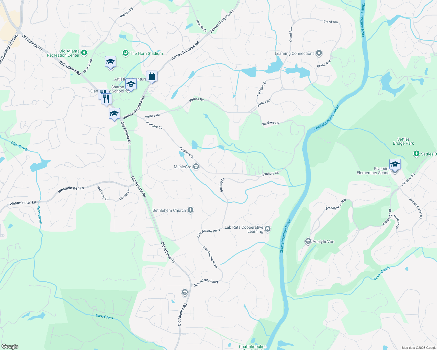 map of restaurants, bars, coffee shops, grocery stores, and more near 6640 Chambrel Way in Suwanee