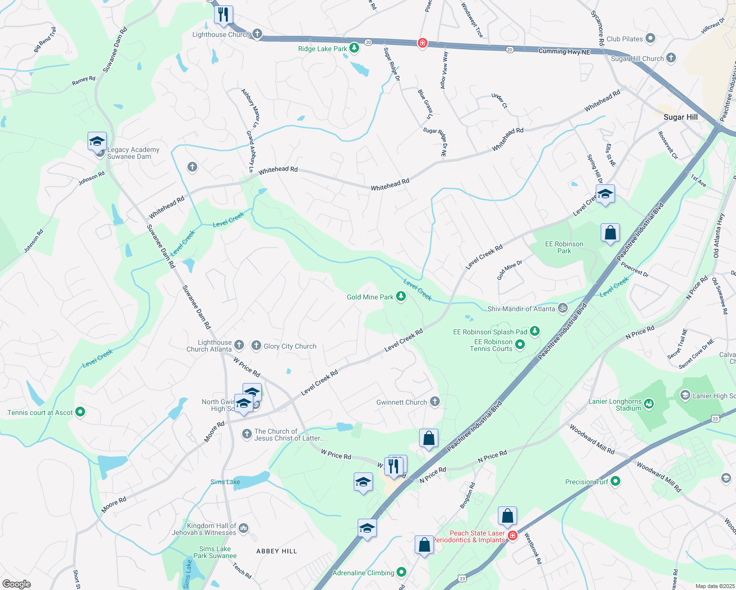 map of restaurants, bars, coffee shops, grocery stores, and more near 4876 Sara Creek Way in Sugar Hill