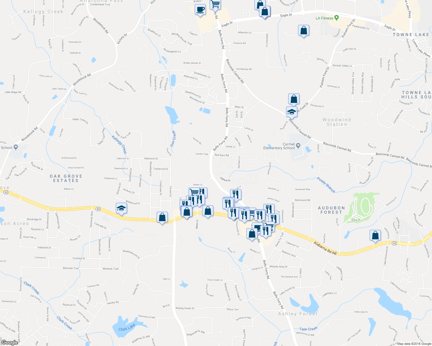 map of restaurants, bars, coffee shops, grocery stores, and more near 206 Oakleaf Drive in Acworth