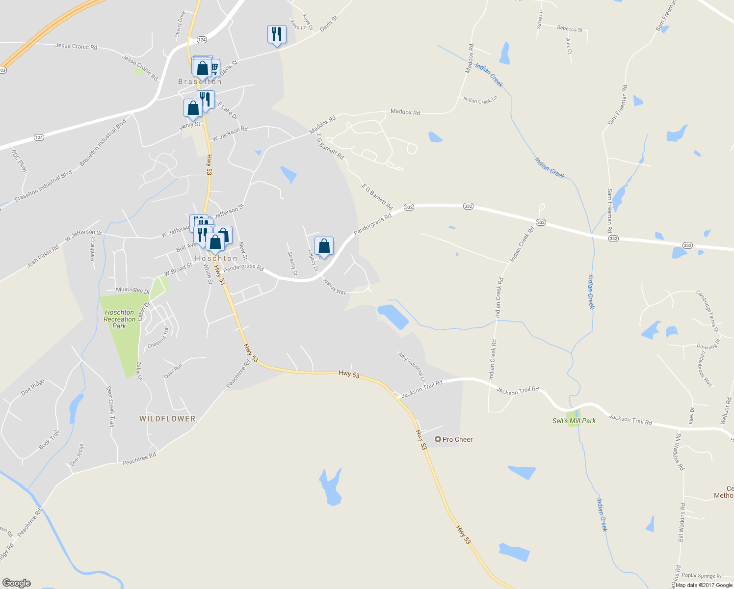 map of restaurants, bars, coffee shops, grocery stores, and more near 14 Otter Lane in Hoschton