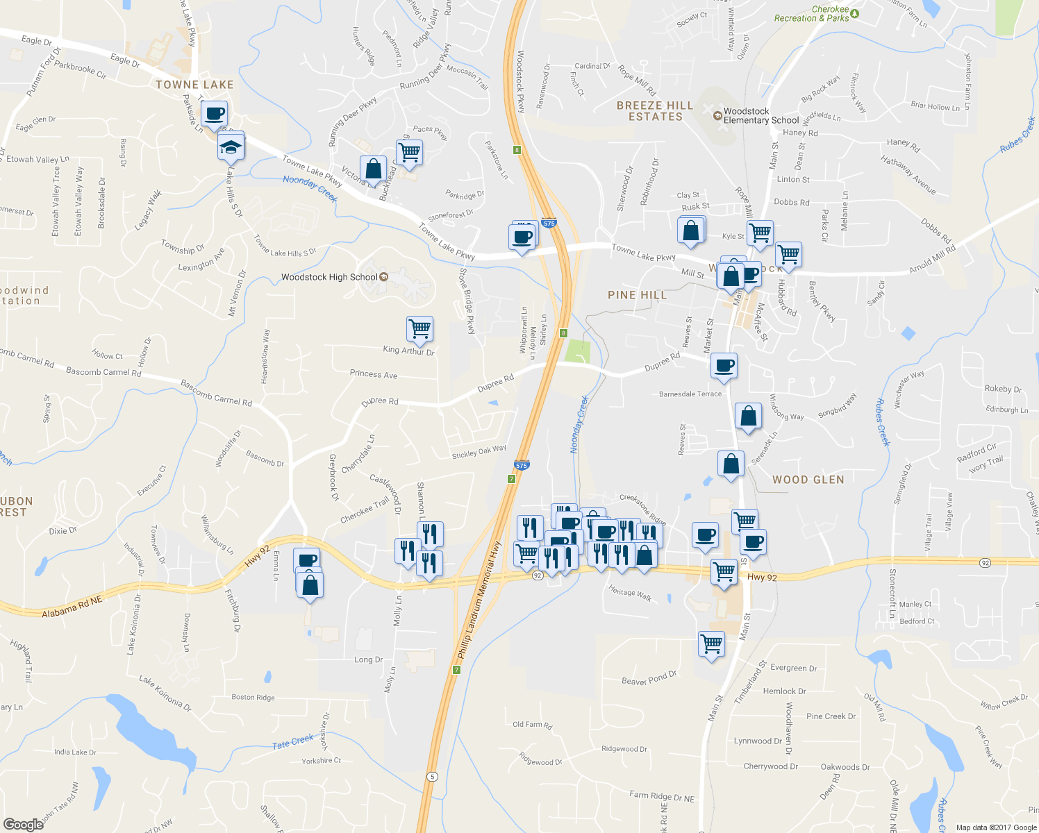 map of restaurants, bars, coffee shops, grocery stores, and more near 613 Stickley Oak Way in Woodstock